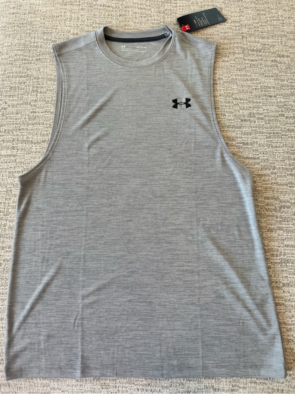 Under Armour Men’s Light Gray Sleeveless Workout Tank with Black Logo